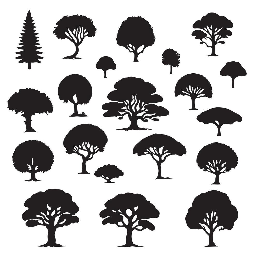 various deciduous trees silhouettes on the white background vector