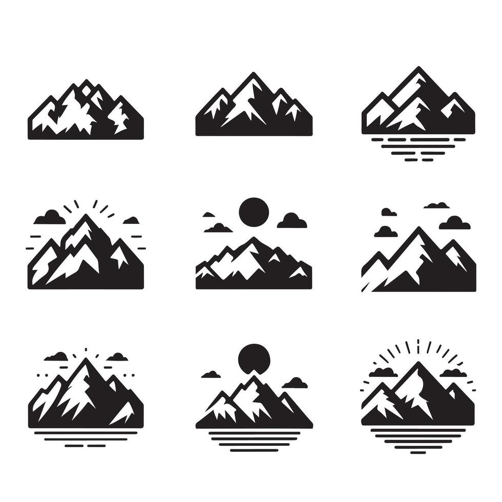 Set Mountain icons, Collection different types of Mountains Black with white background vector
