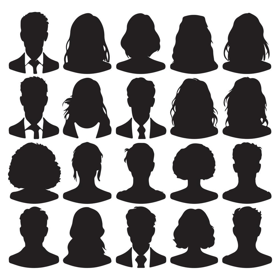 black Avatar portrait silhouettes. Woman and man faces portraits, anonymous characters avatars image with white background vector
