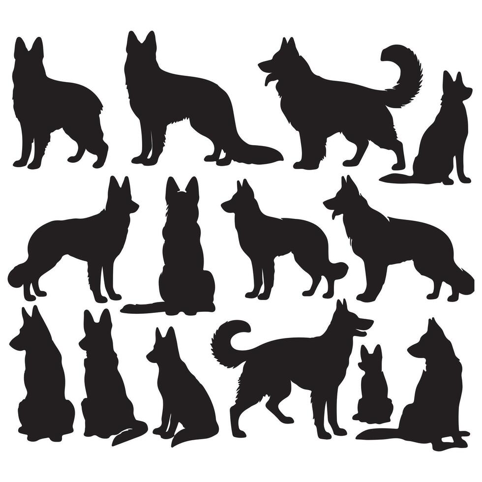 A set of German shepherd dog breed silhouette on white background vector