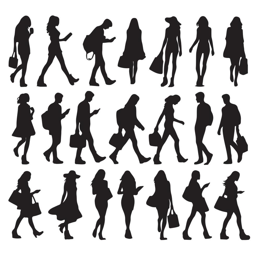 Silhouettes of people in various dynamic and walking set with white background vector
