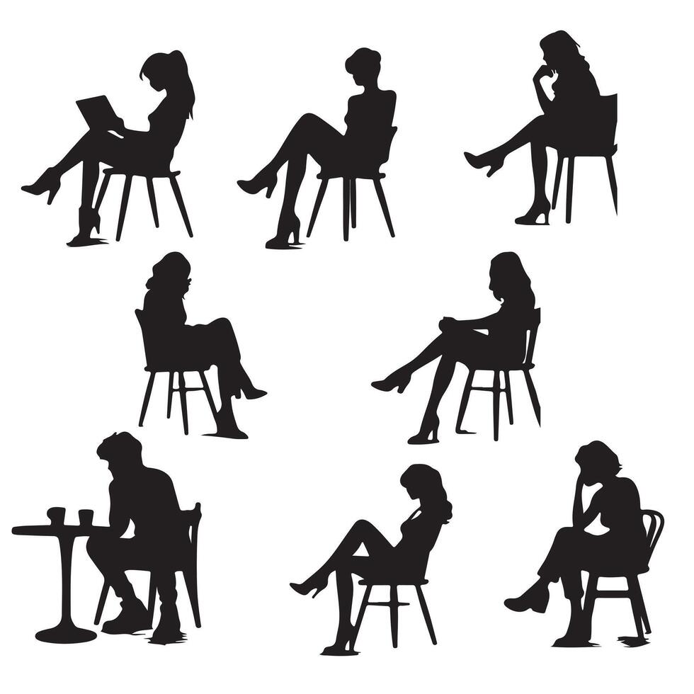 Silhouettes of people in sitting set with white background vector