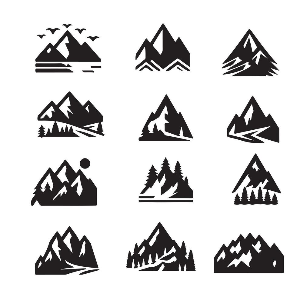 Set Mountain icons, Collection different types of Mountains Black with white background vector
