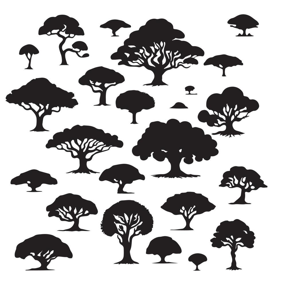 various deciduous trees silhouettes on the white background vector
