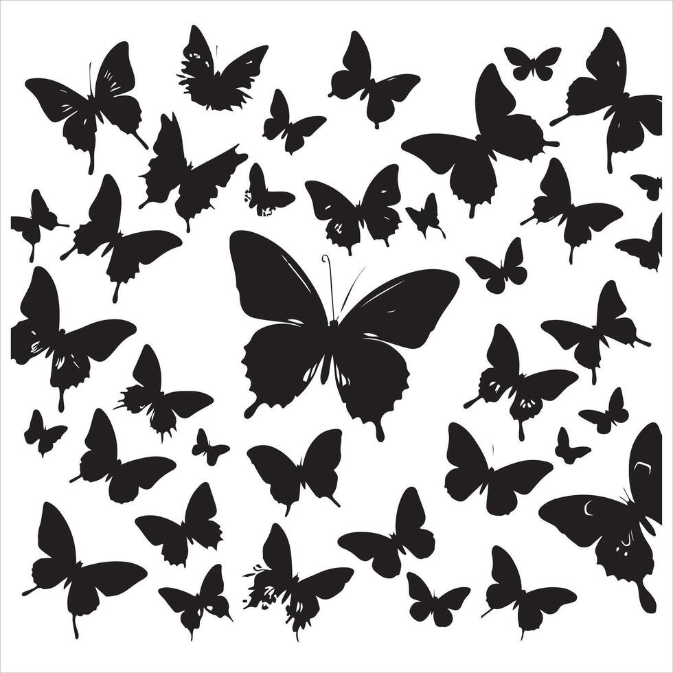 Flying butterflies silhouette black set isolated on transparent background vector