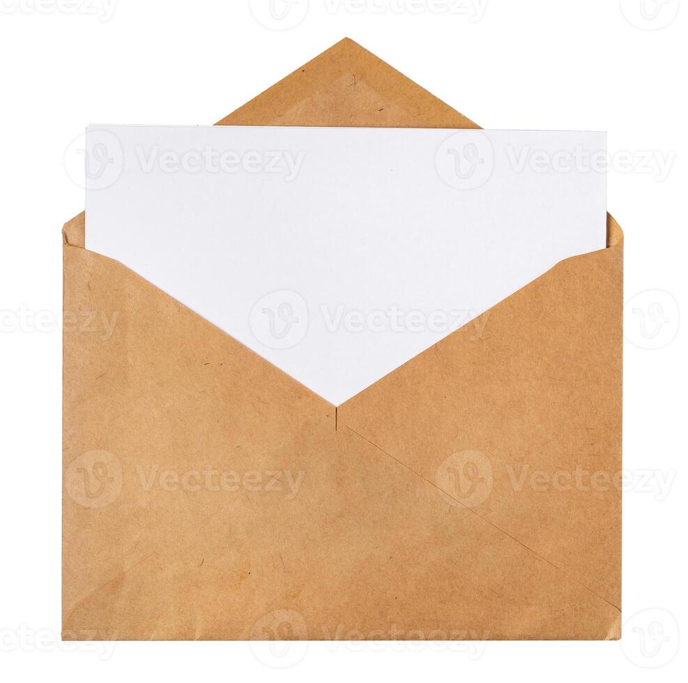 Recycled craft paper envelope isolated white background photo