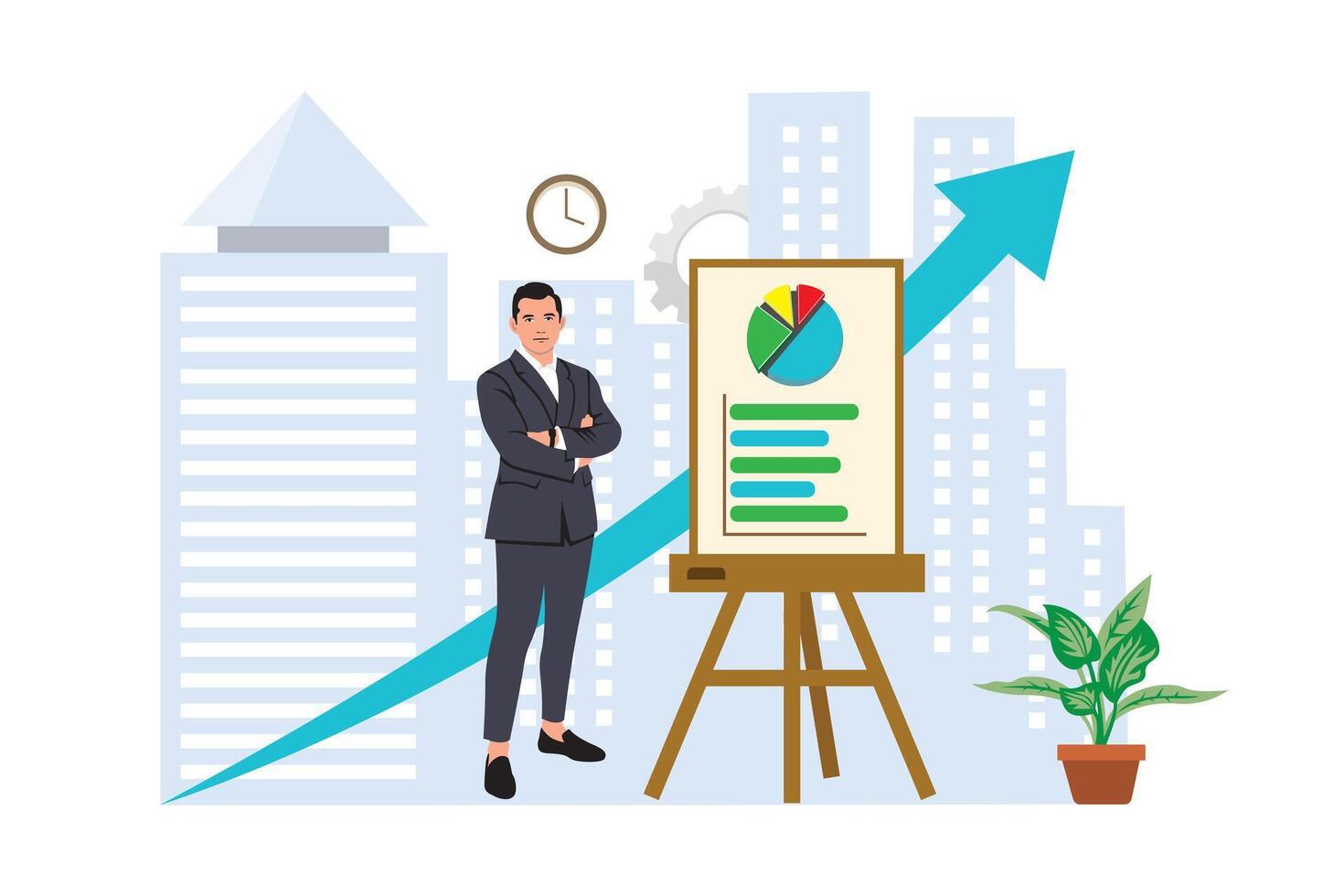 Businessman standing on whiteboard with graph vector