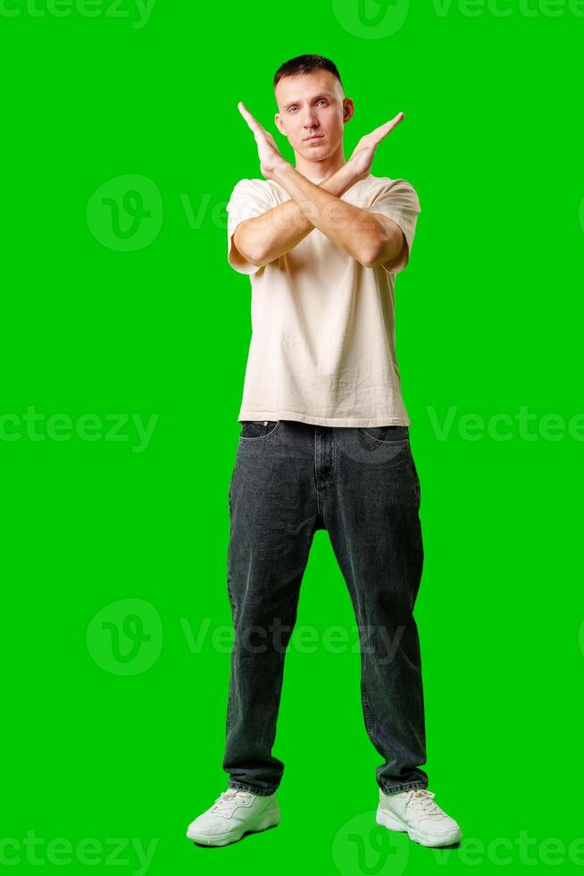 Man Gesturing No Signal Against Bright Green Background studio shot photo