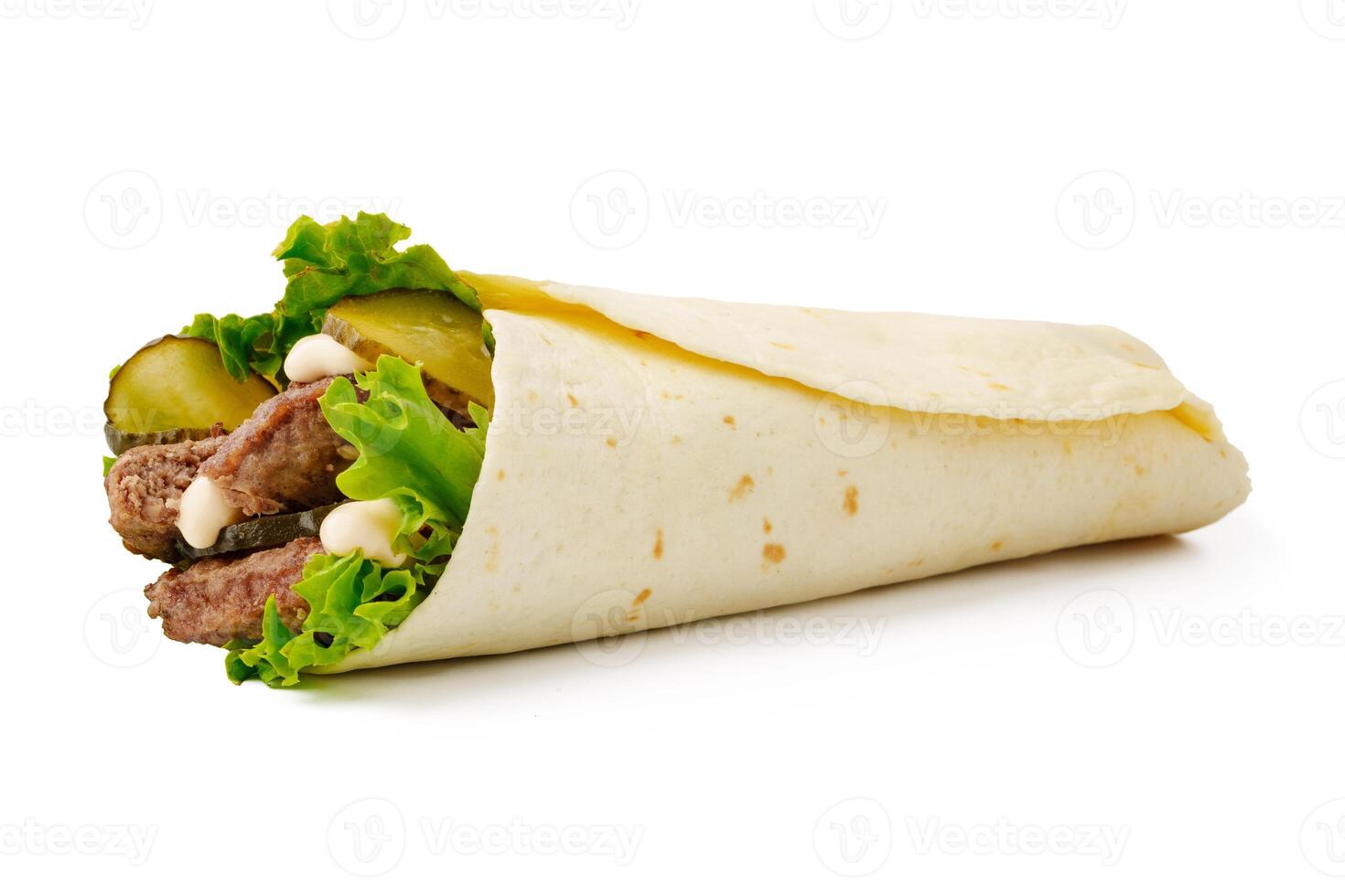 Fresh roll with grilled beef and vegetables isolated on white photo