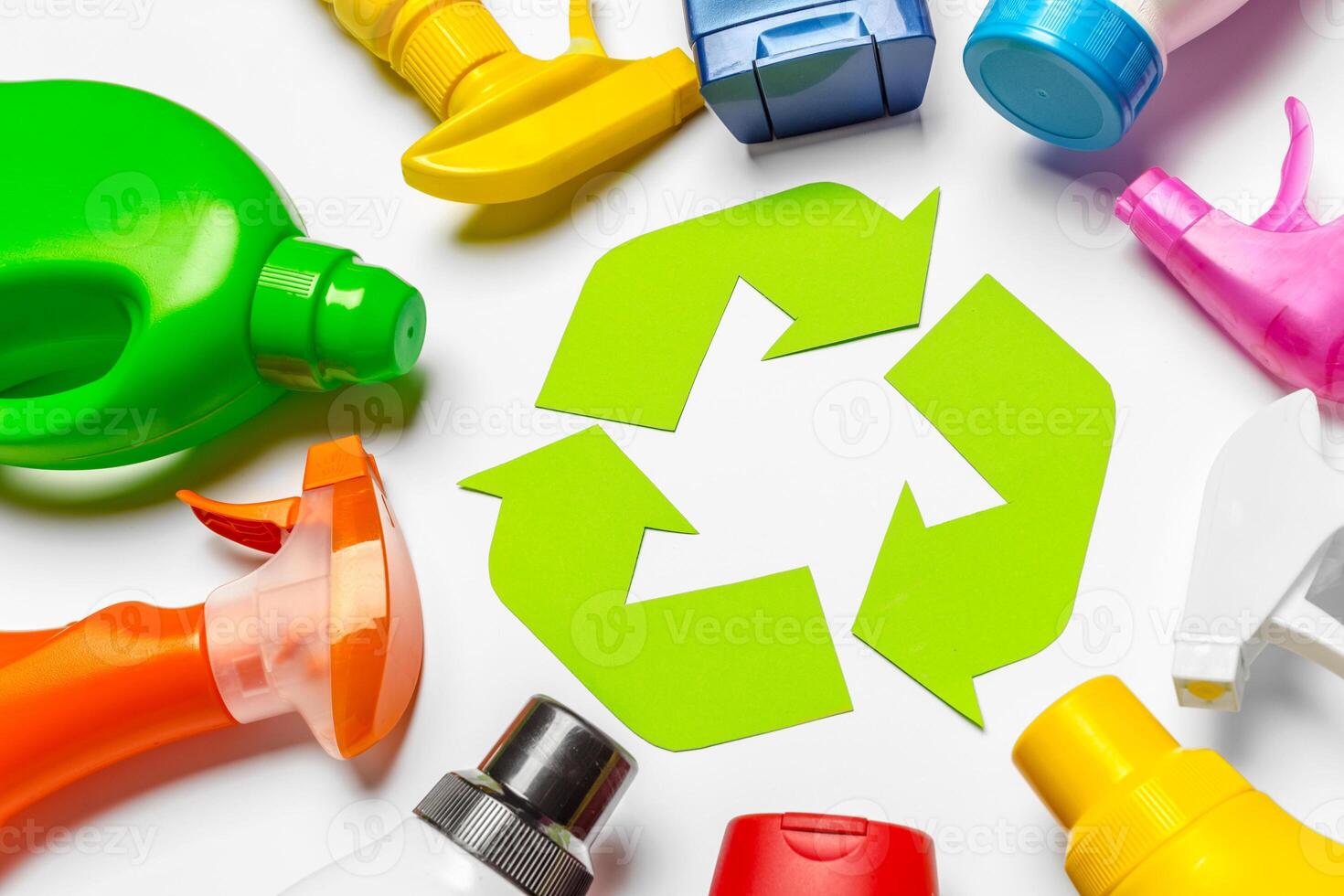 Eco concept with recycling symbol on table background top view photo