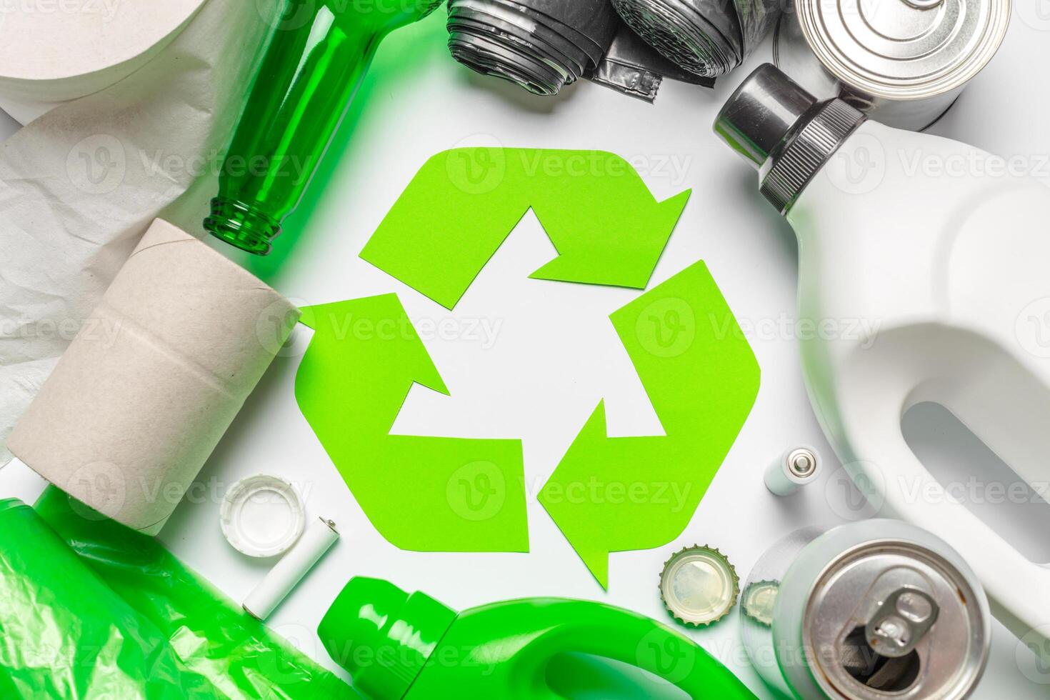 Eco concept with recycling symbol on table background top view photo