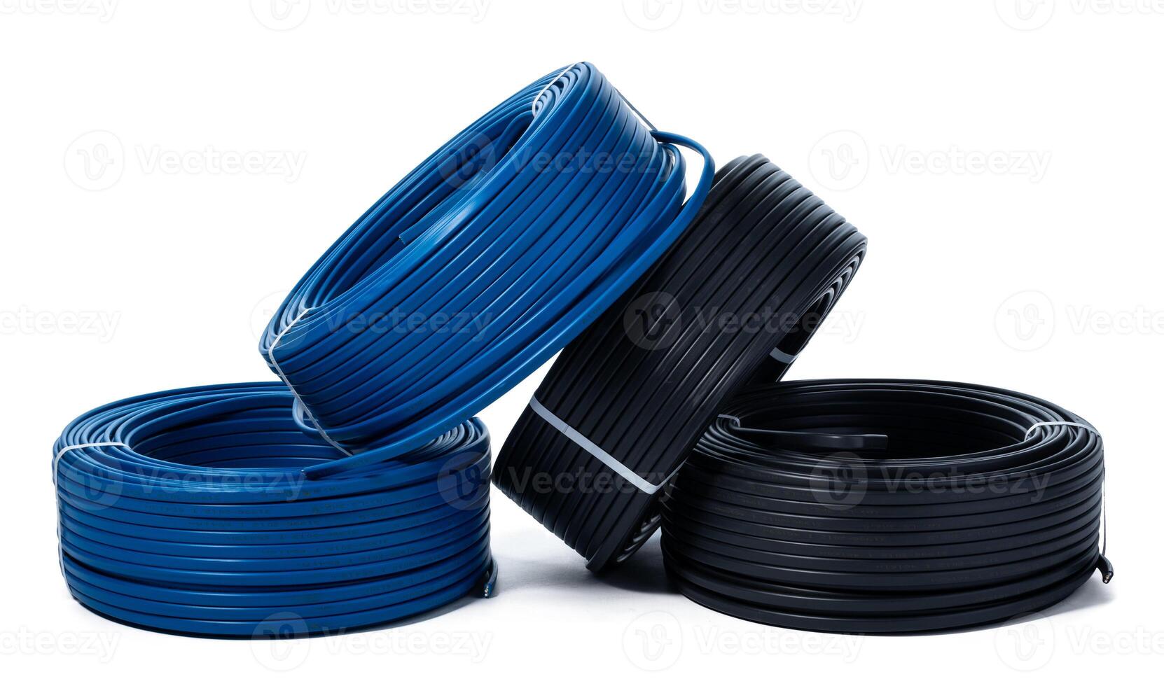 Coils of black and blue cable isolated on white background photo
