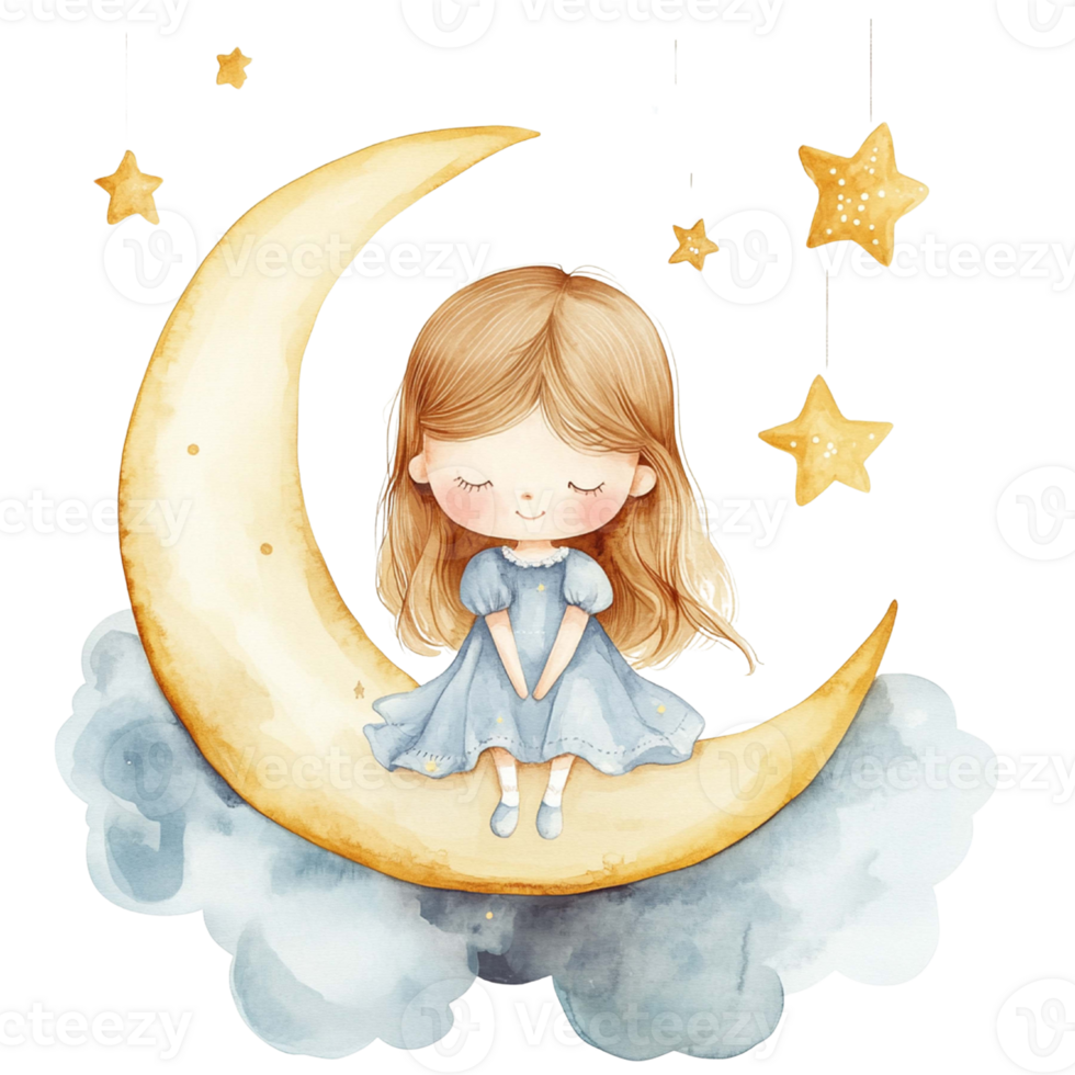Dreamy Girl with Moon and Stars Overhead Watercolor png