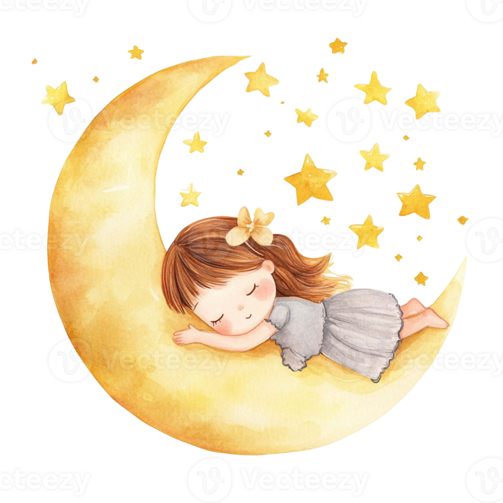 Child on Crescent Moon with Golden Stars in Night Sky png