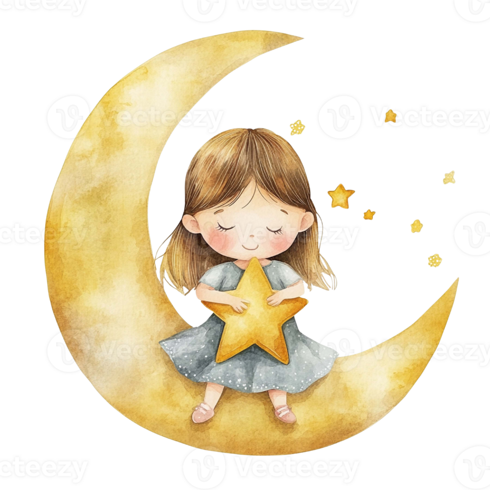 Fairy Sitting on Crescent Moon with Starry Watercolor Art png