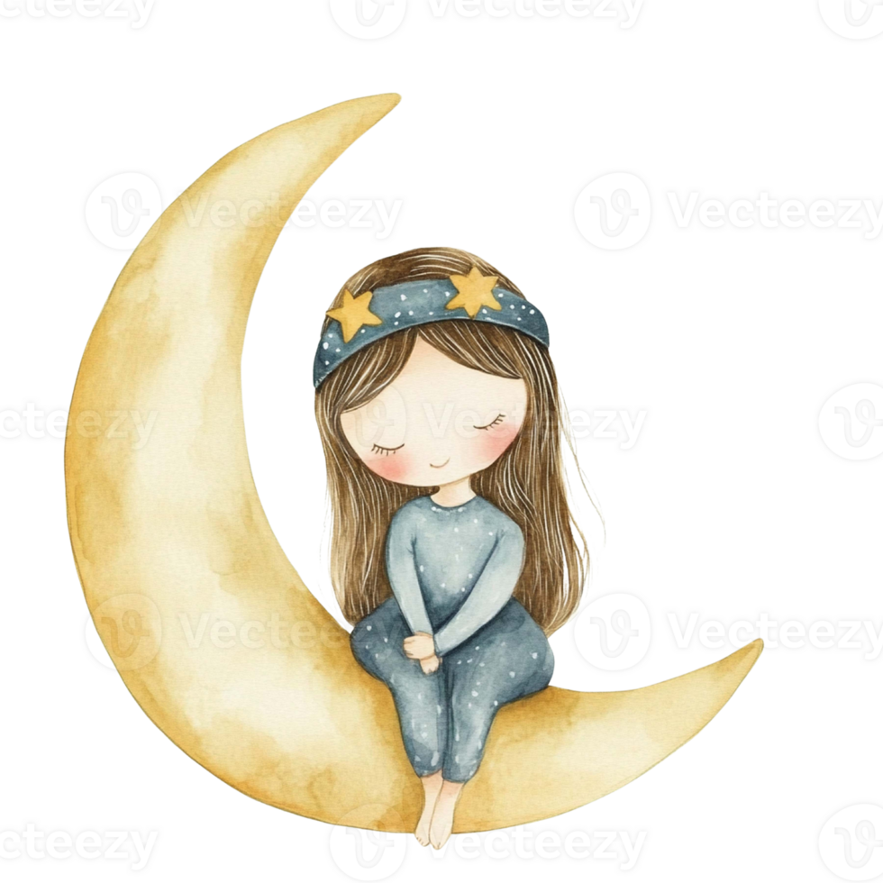 Fairy with Wings Sitting on Crescent Moon and Stars png