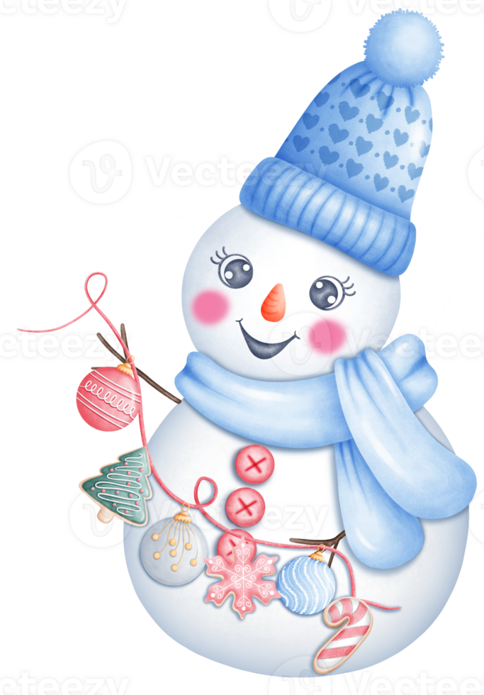 Cute Watercolor Snowman wearing a blue hat holding a christmas ball. Illustration for Winter and Christmas Celebrations png