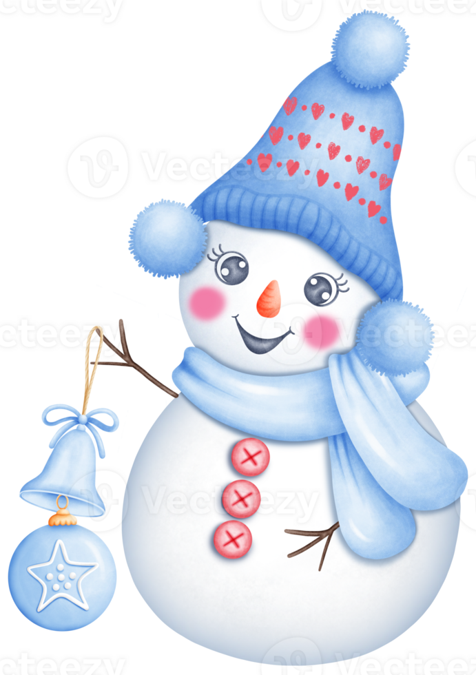 Cute Watercolor Snowman wearing a blue hat holding a christmas bell. Illustration for Winter and Christmas Celebrations png