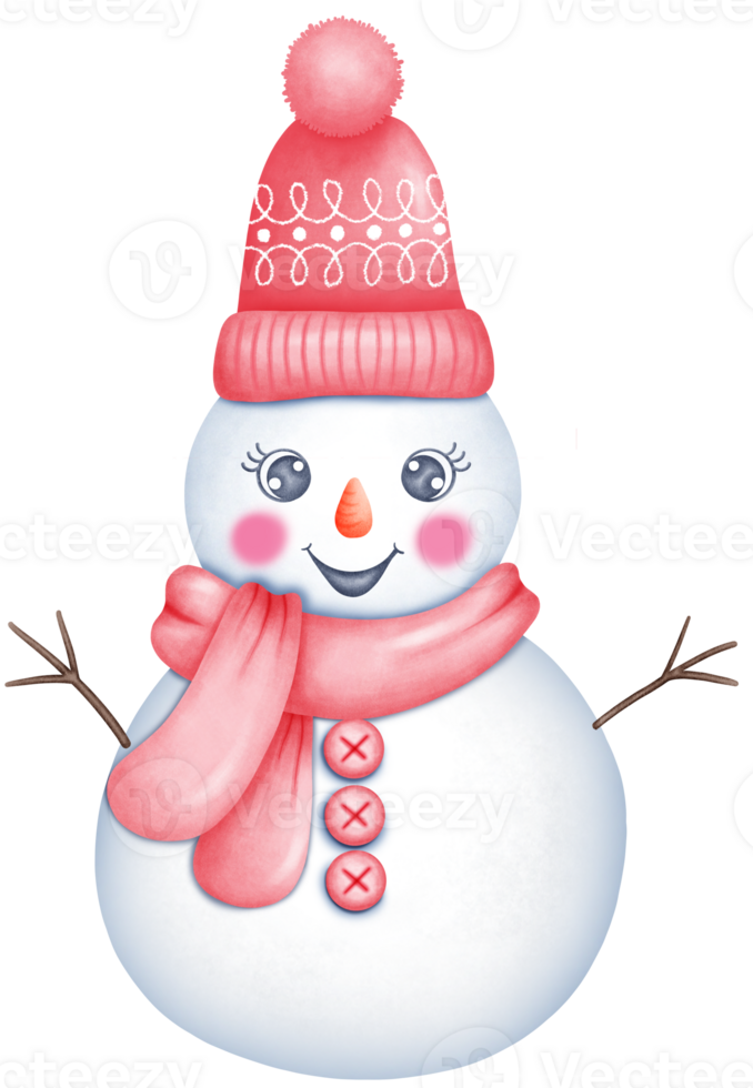 Cute Watercolor Snowman wearing a red hat and scarf. Illustration for Winter and Christmas Celebrations png