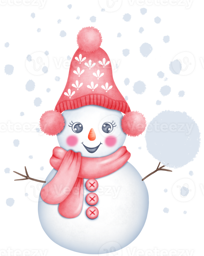 Cute Watercolor Snowman wearing a red hat holding a snow. Illustration for Winter and Christmas Celebrations png