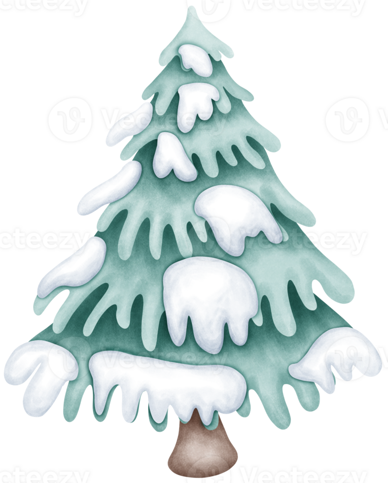 Hand-Drawn cute Watercolor green Christmas Pine Trees with Snow-Covered Branches png