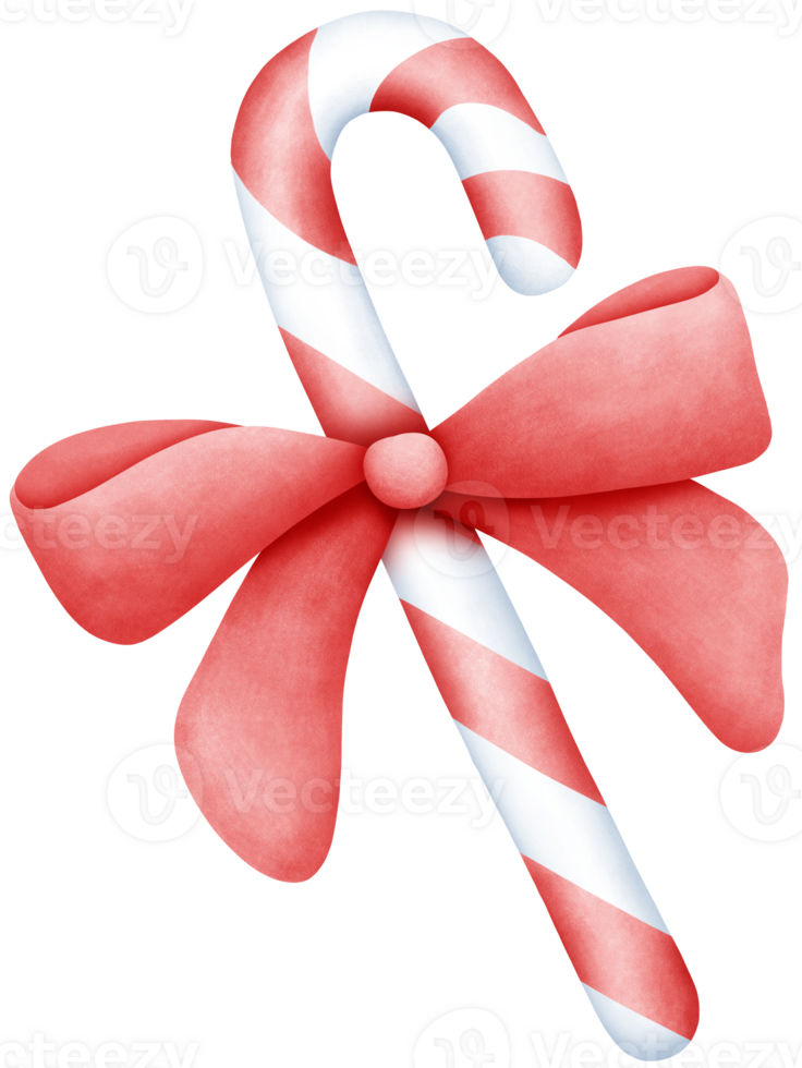 Hand Drawn Watercolor Christmas Candy Cane Illustration with Red Stripes and Festive red Bows png
