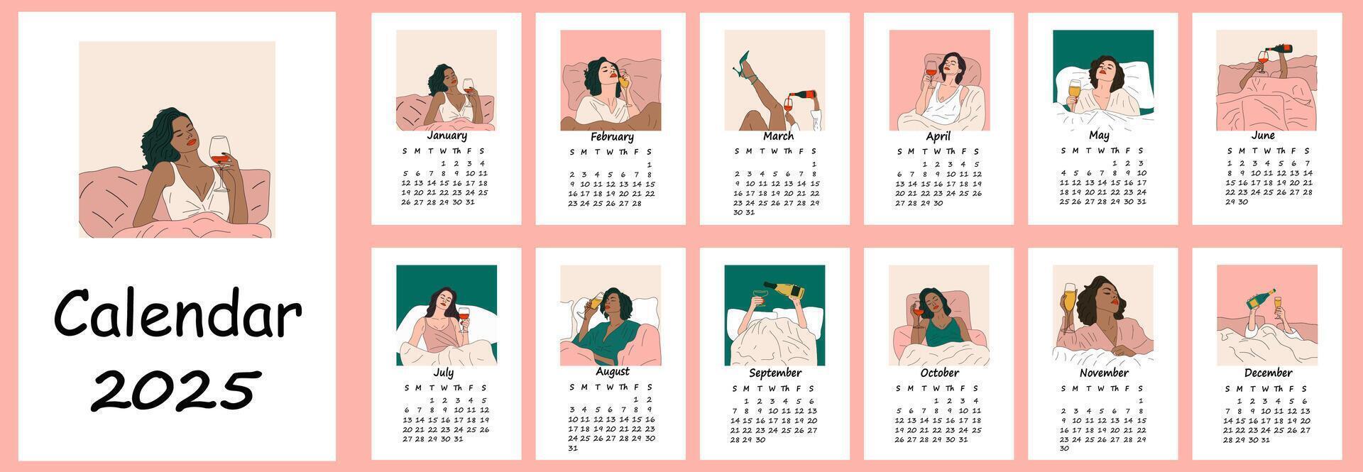 2025 calendar with abstract illustrations woman drinks a glass of wine in bed . Calendar planner minimal style, annual organizer. vector