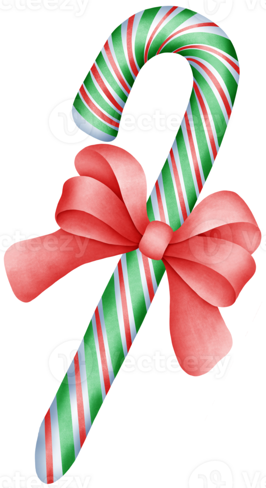Watercolor Christmas green Candy Cane Illustration with Hand Drawn Red Bow and Green Peppermint Stripes for Festive Holiday Design png