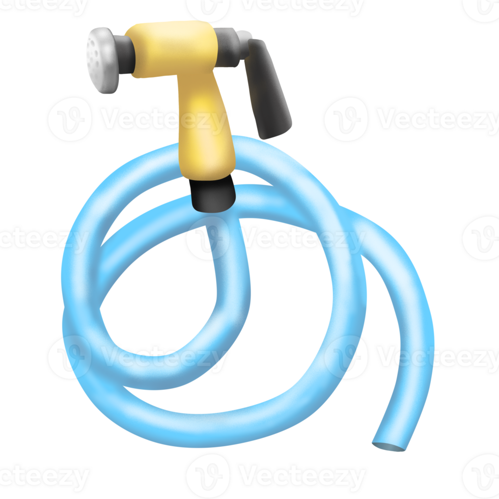 Blue water hose with yellow and black nozzle. This hose is rolled in a circle shape png