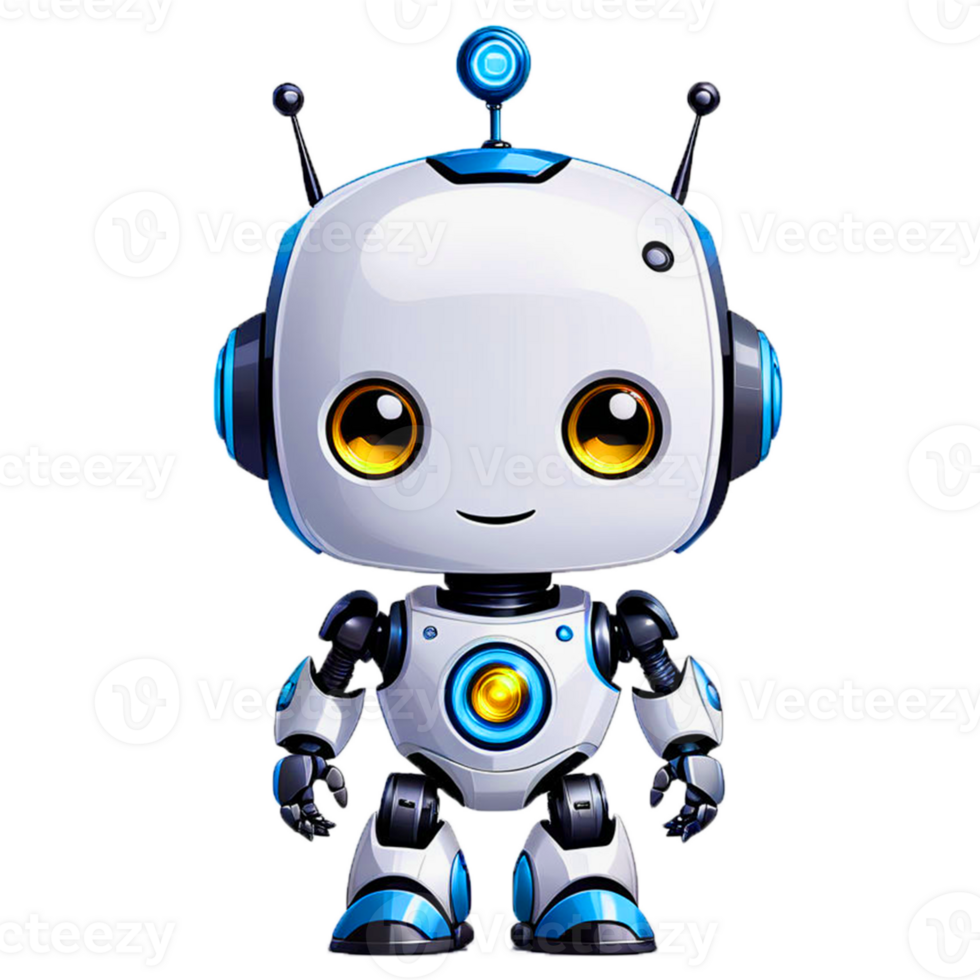 Adorable cartoon robot with bright yellow eyes, perfect for kids. Ideal for your creative projects that want to feature a friendly and energetic robot character. png