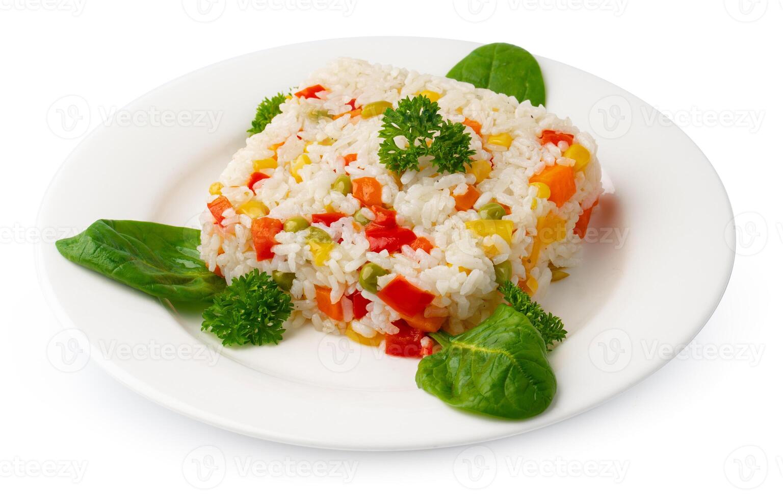 Cooked rice in a white plate on white background photo