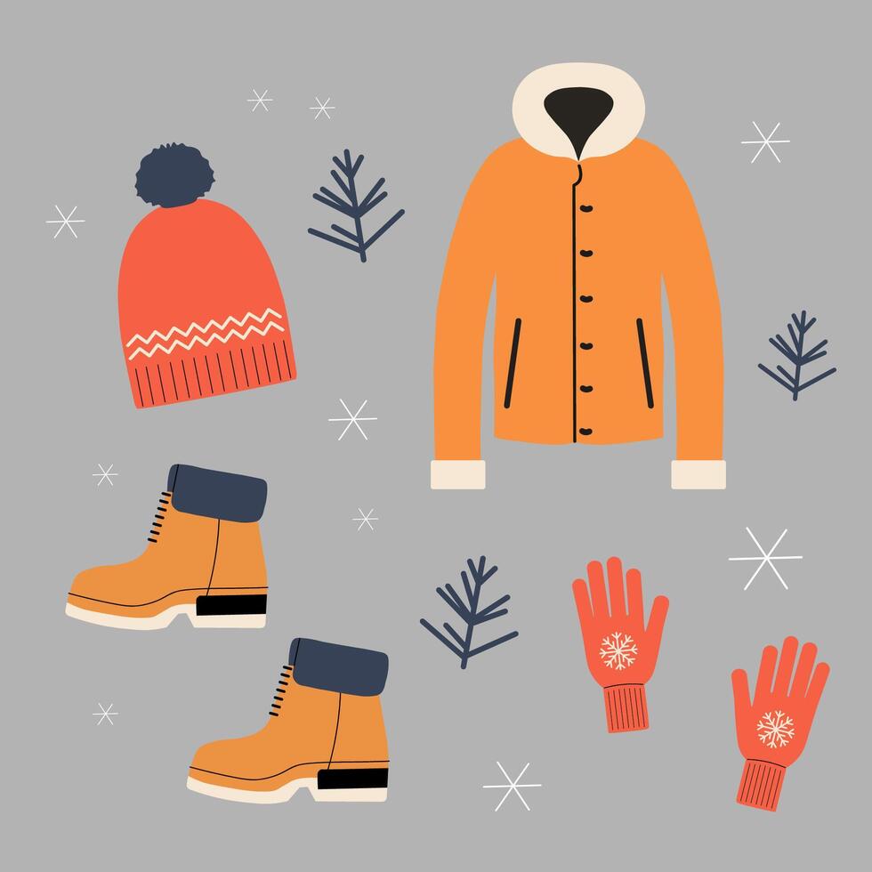 Winter warm accessories. Hand drawn flat illustration with winter clothes,winter coat, sheepskin coat, boots, spruce branches, hats, gloves, snowflakes. Wintered design elements, fashion vector