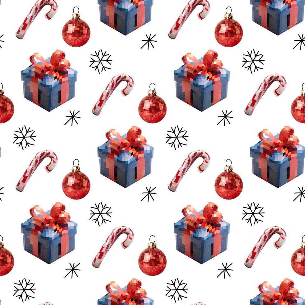 Seamless pattern disco mirror ball new year, ornament, gift, caramel cane. Mosaic style vector