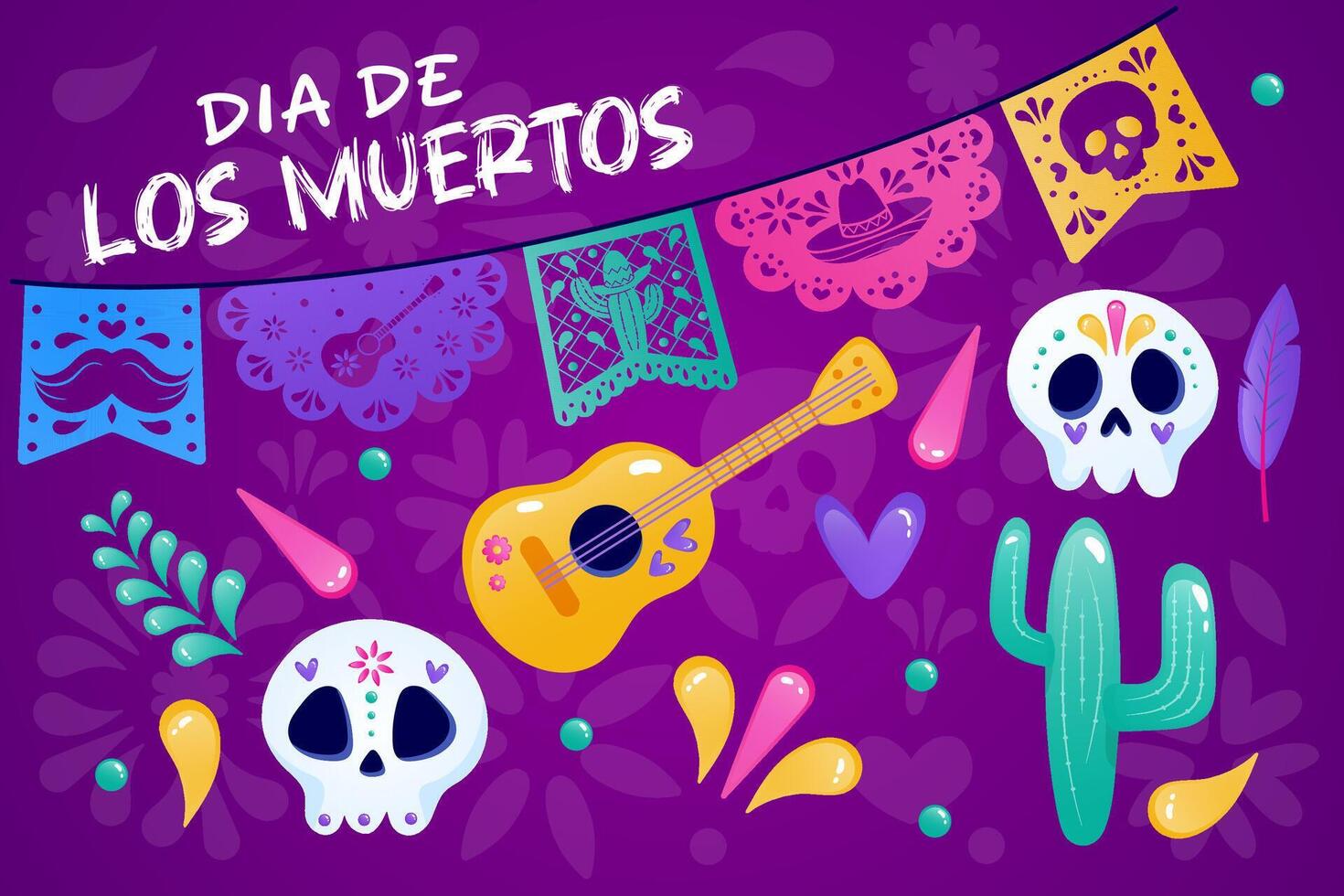 Day of the Dead set, elements on a purple background. Flags, skull, guitar, cactus. vector