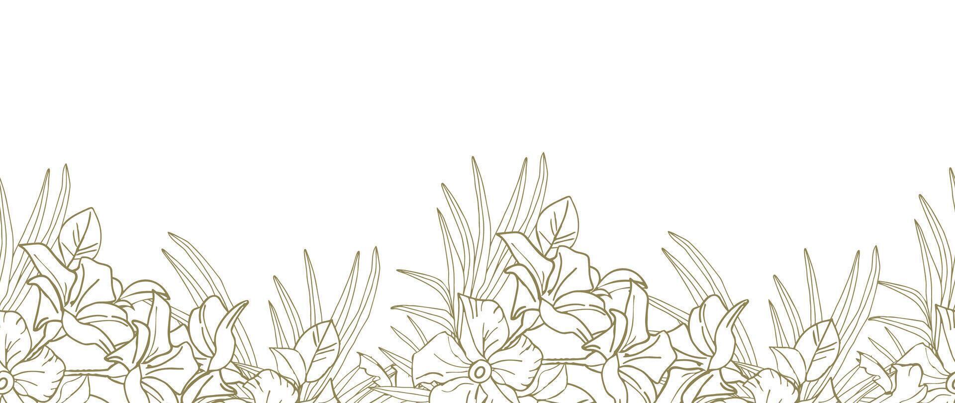 Yasmine flower and palm leaves line art pattern vector