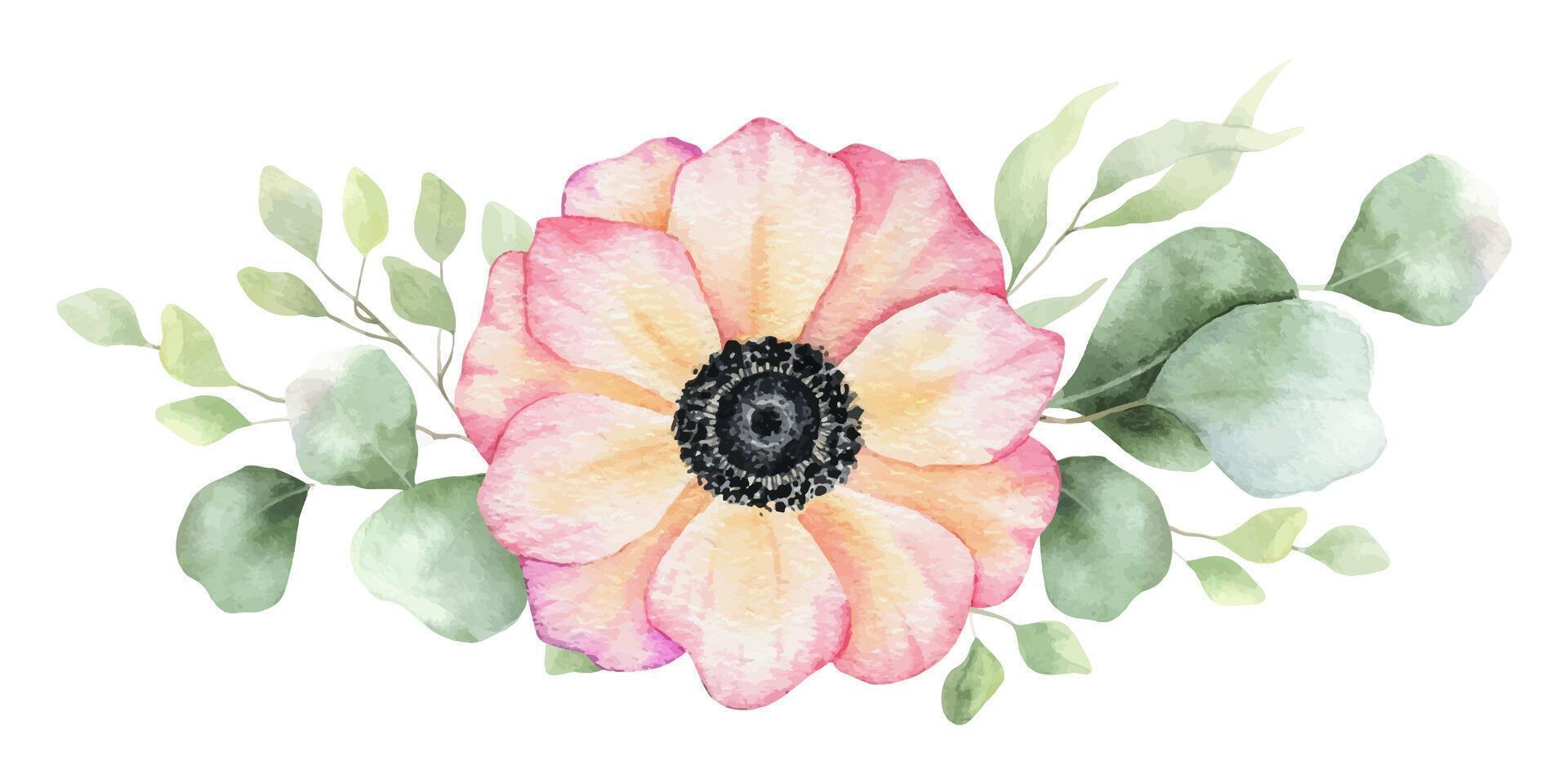 Pink Anemone flower and eucalyptus leaves. Isolated hand drawn watercolor illustration. Summer floral garland for wedding invitations, cards, textiles, packaging of goods vector