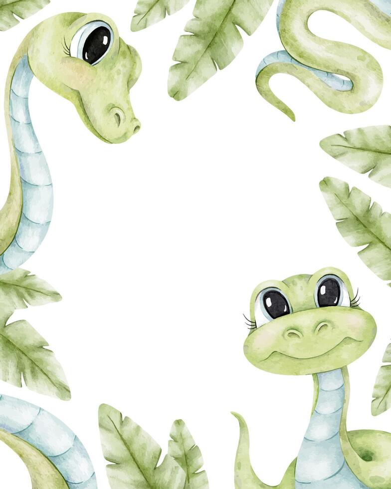 Frame of baby green snakes and tropical leaves. Hand drawn watercolor illustrations. Isolated Layout for kid's postcards, poster, baby shower and children's room vector