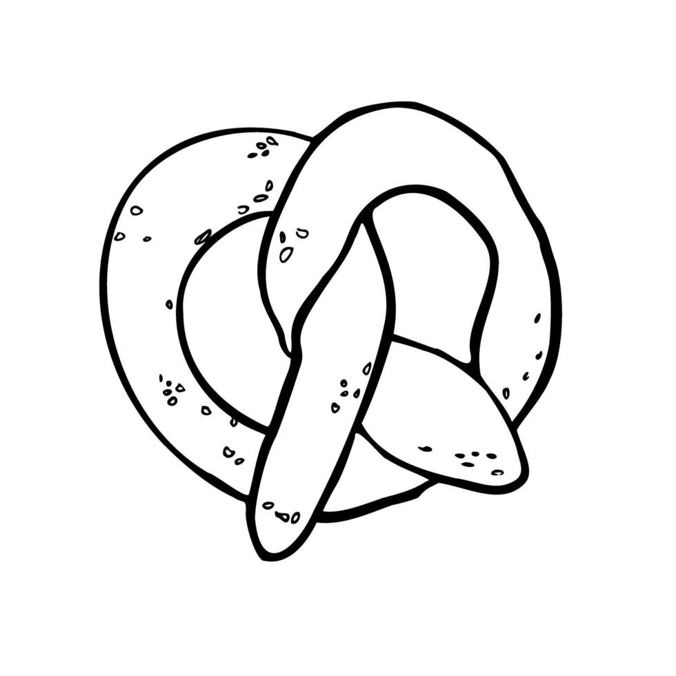 Pretzel with salt black white linear illustration isolated. German pastry hand drawn by ink contour. Crisp biscuit baked form of a knot design for beer festival, menu, packaging, cookbook. vector