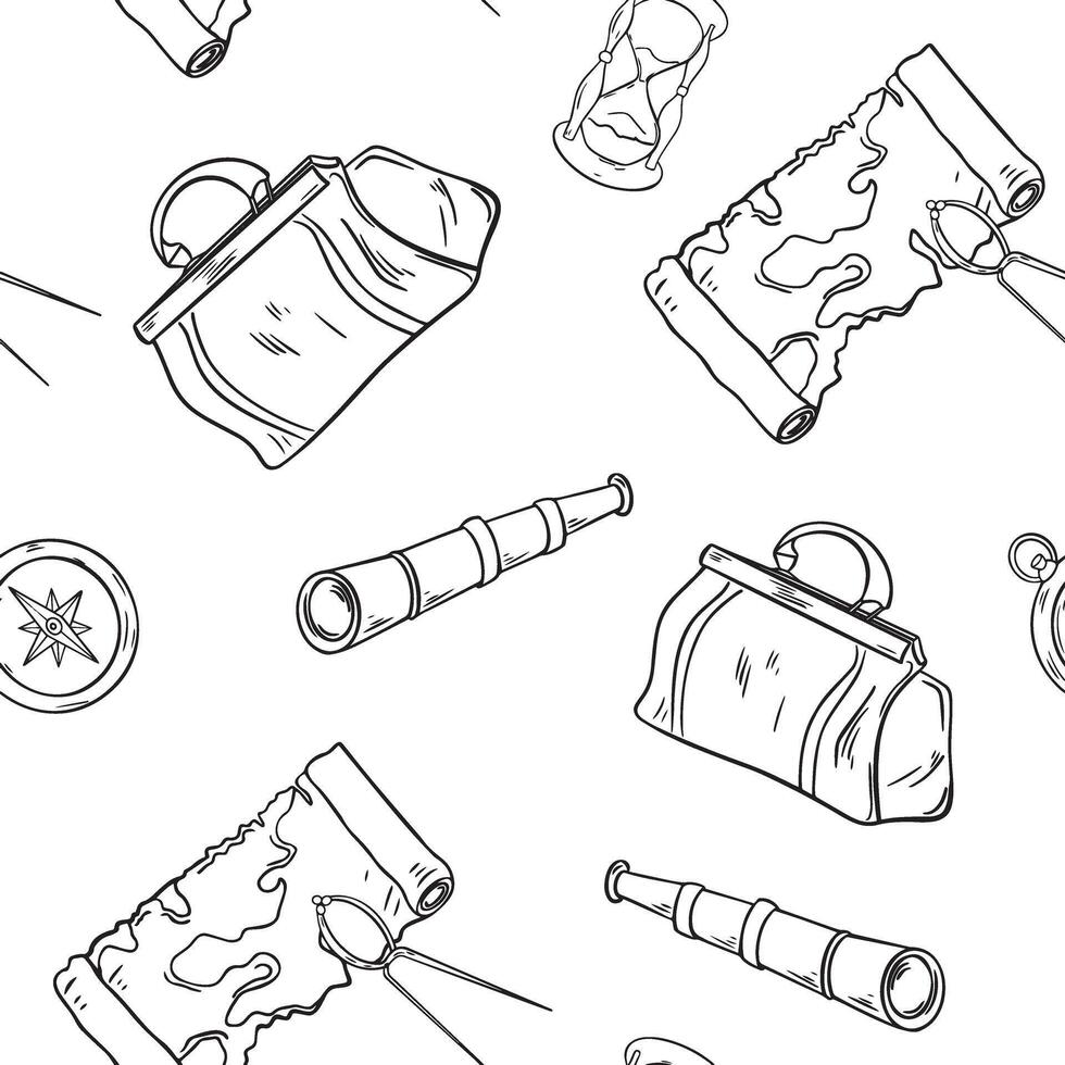 Compass, spyglass, map, carpet bag black and white graphic seamless pattern. Repeating background for boys adventure print. Monochrome vintage travel print in line art hand drawn vector