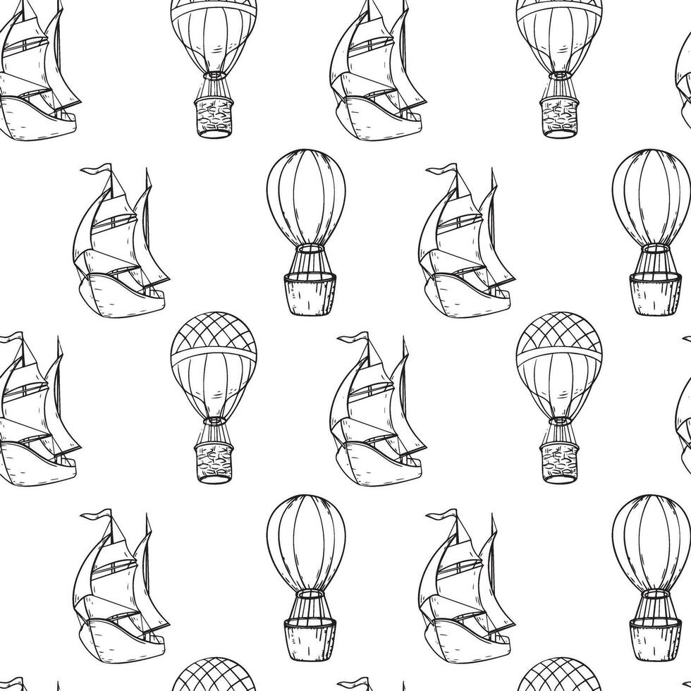 Hot air balloons and sailing ships black and white graphic seamless pattern. Monochrome boat, aerostat vintage repeating texture hand drawn by ink. Line art transport on endless background. vector