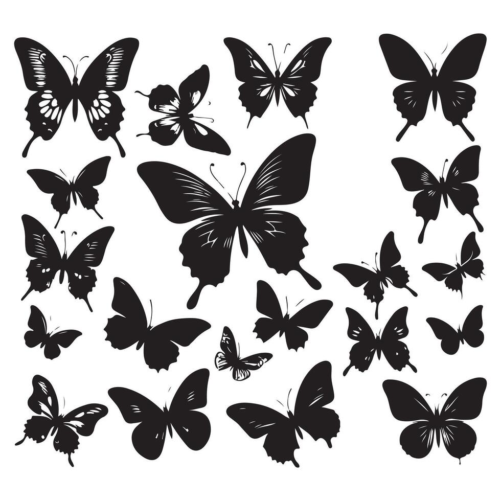Flying butterflies silhouette black set isolated on transparent background vector
