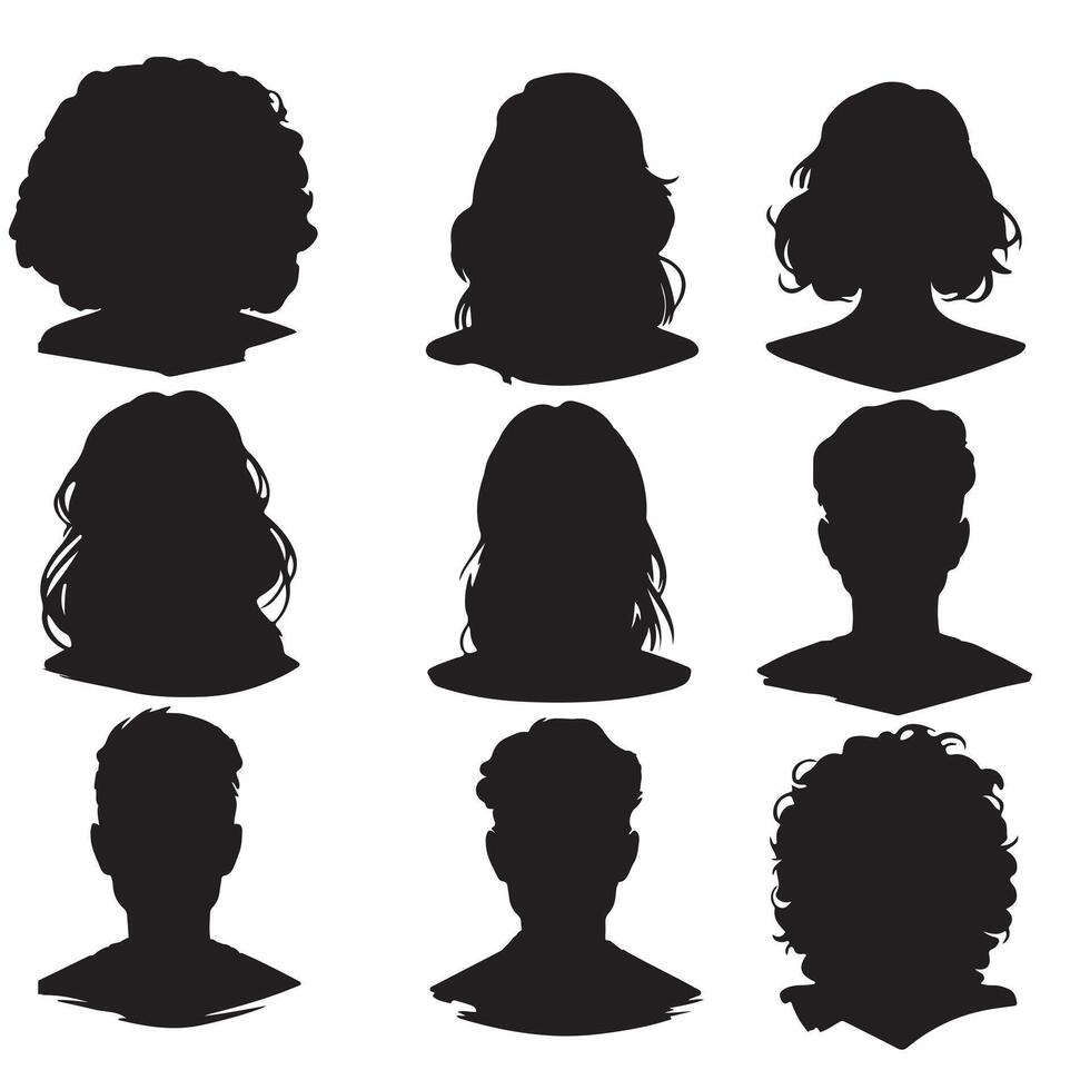 black Avatar portrait silhouettes. Woman and man faces portraits, anonymous characters avatars image with white background vector