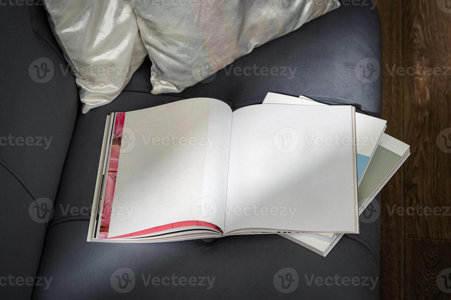 Open Book On Gray Couch With Pillows photo