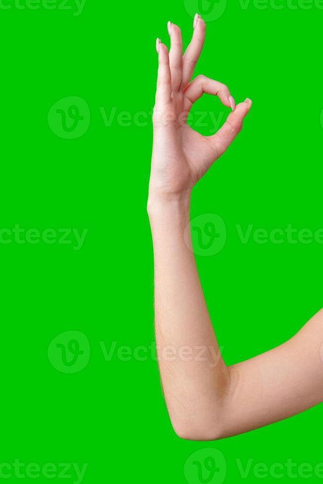 Close Up of a Woman's Hand Making the Okay Sign Against a Green Screen photo