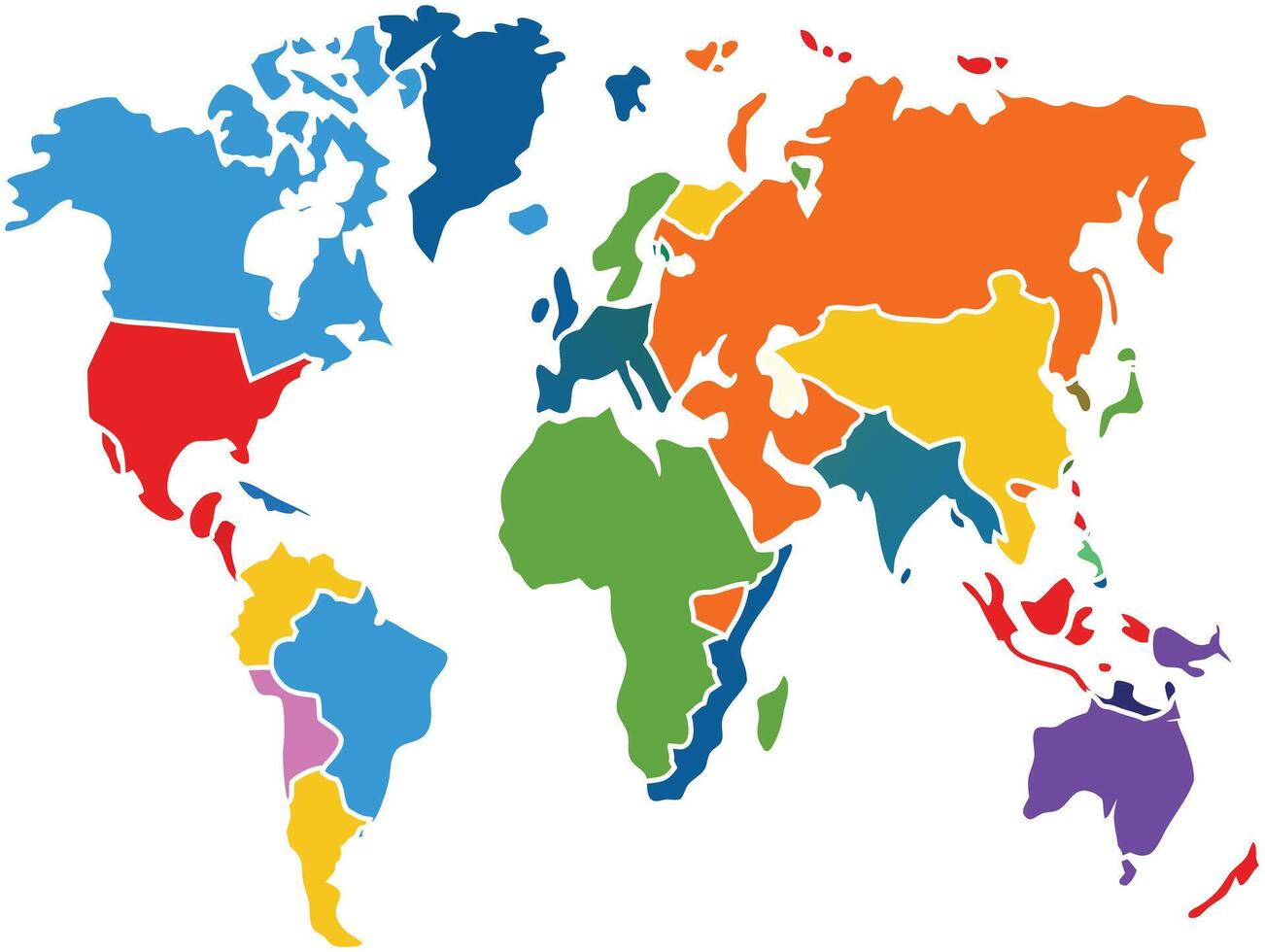 The world map is colored in different colors vector