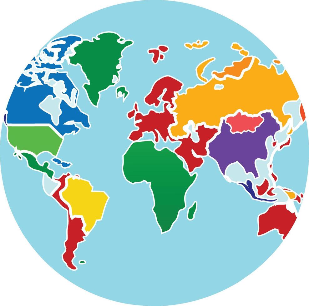The world map is shown in a circle vector