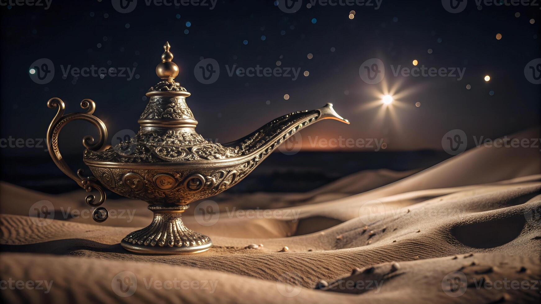 Antique genie's lamp with ornate patterns on a sand dune under a star drenched night sky photo