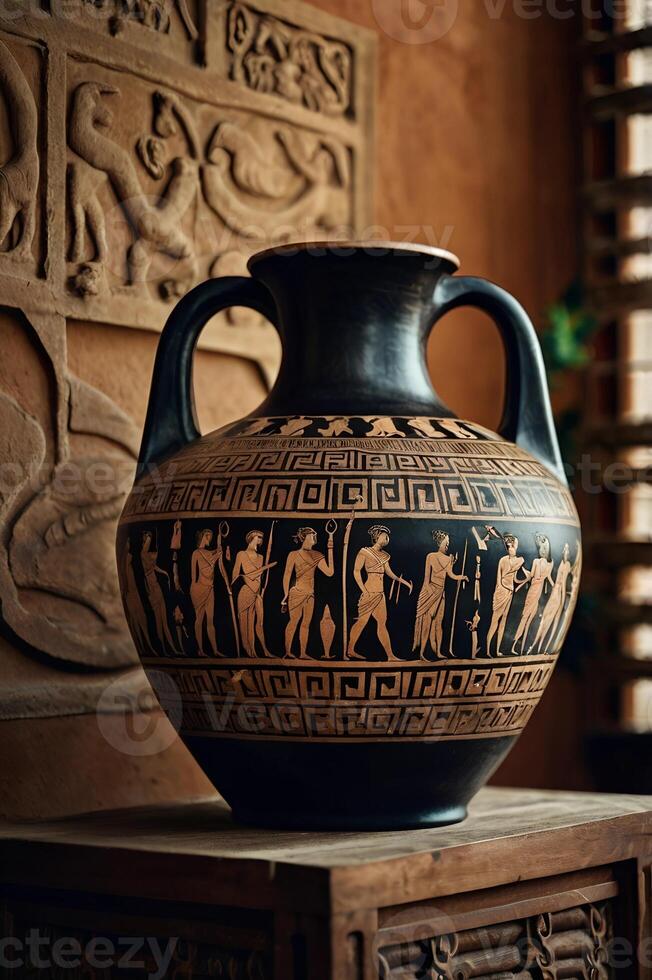 Detailed ancient Greek amphora vase painted with scenes from Greek mythology showcasing heroes and mythical creatures in mid-action photo