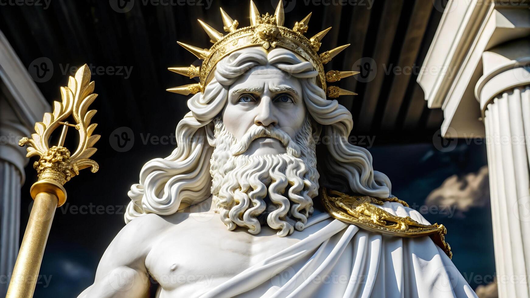 Close up of ancient statue of Zeus god of thunder intricately carved and made from marble photo