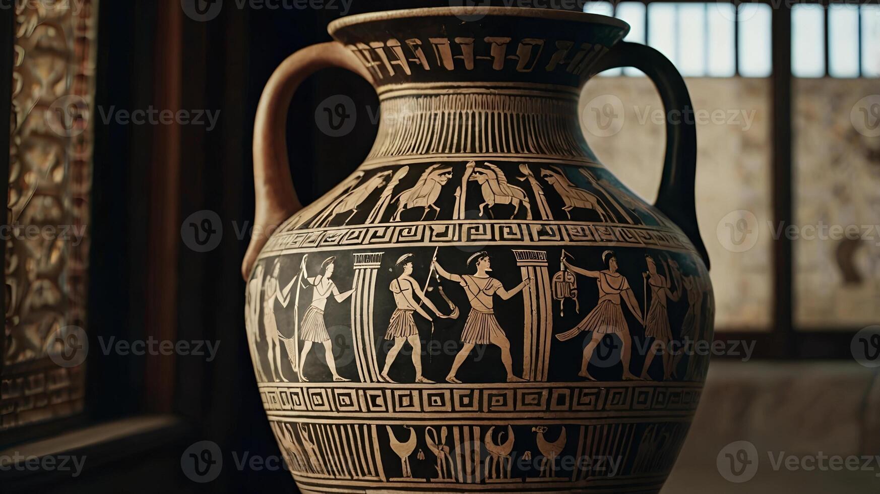Detailed ancient Greek amphora vase painted with scenes from Greek mythology showcasing heroes and mythical creatures in mid-action photo